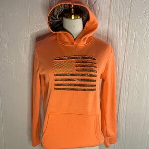 Mossy Oak Orange Hooded Sweater with Camo Flag Design (Size 18)